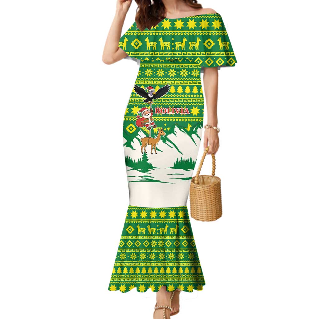Bolivia Christmas Family Matching Mermaid Dress and Hawaiian Shirt with Santa Claus Andean Deer Condor and Traditional Pattern Design - Wonder Print Shop