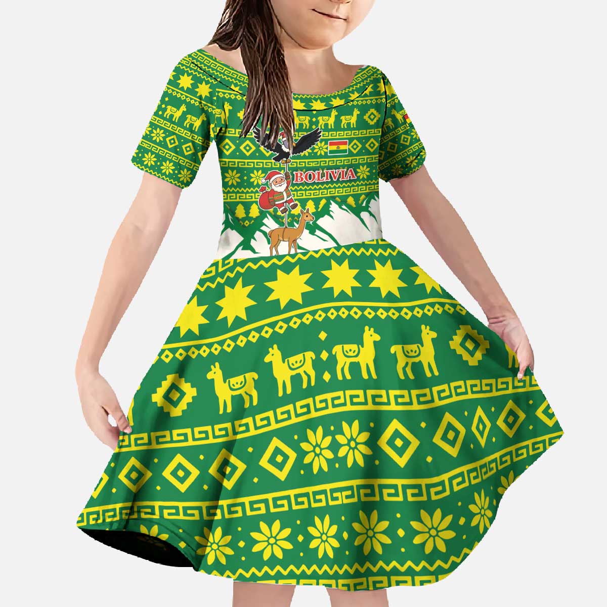 Bolivia Christmas Family Matching Off The Shoulder Long Sleeve Dress and Hawaiian Shirt with Santa Claus Andean Deer Condor and Traditional Pattern Design - Wonder Print Shop
