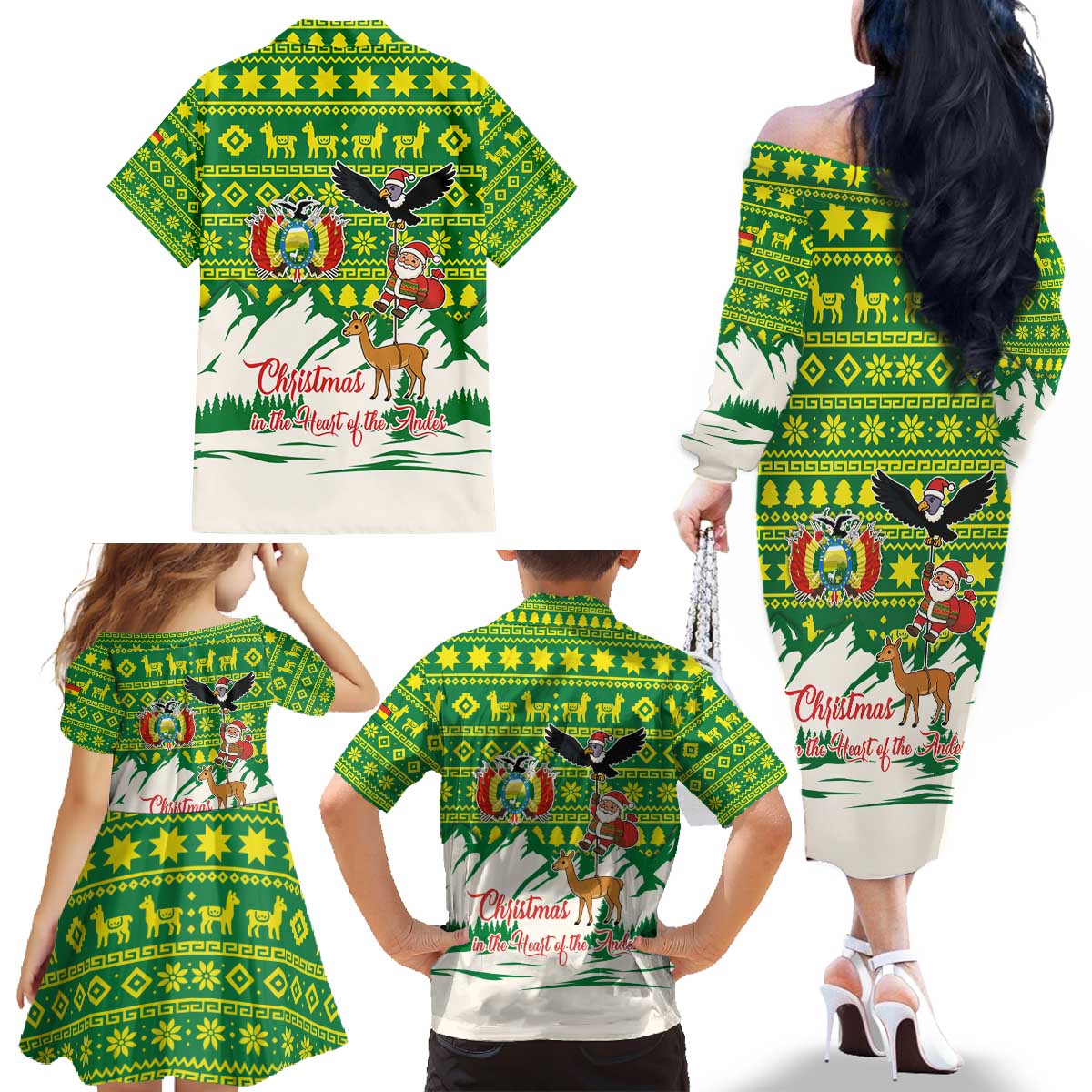 Bolivia Christmas Family Matching Off The Shoulder Long Sleeve Dress and Hawaiian Shirt with Santa Claus Andean Deer Condor and Traditional Pattern Design - Wonder Print Shop