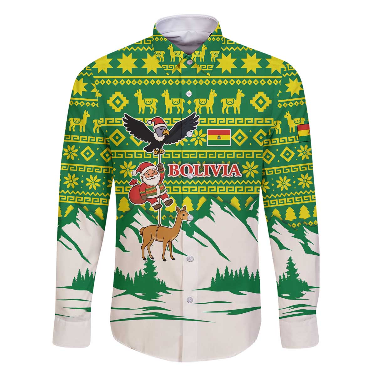 Bolivia Christmas Family Matching Off The Shoulder Long Sleeve Dress and Hawaiian Shirt with Santa Claus Andean Deer Condor and Traditional Pattern Design - Wonder Print Shop