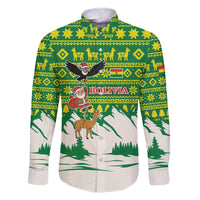 Bolivia Christmas Family Matching Off The Shoulder Long Sleeve Dress and Hawaiian Shirt with Santa Claus Andean Deer Condor and Traditional Pattern Design - Wonder Print Shop