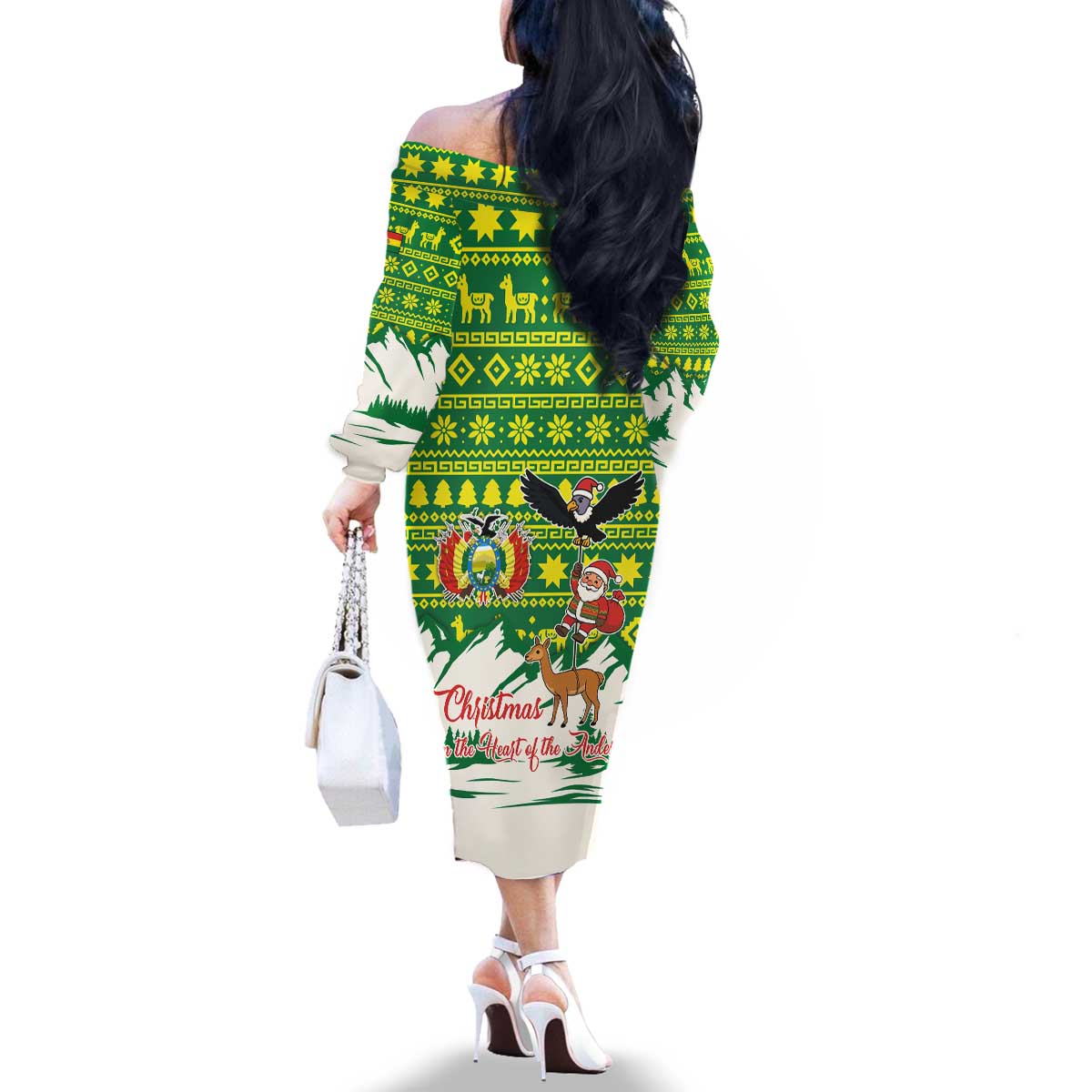 Bolivia Christmas Family Matching Off The Shoulder Long Sleeve Dress and Hawaiian Shirt with Santa Claus Andean Deer Condor and Traditional Pattern Design - Wonder Print Shop