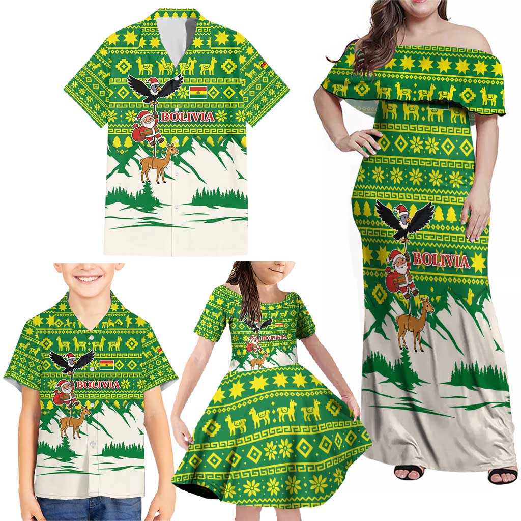 Bolivia Christmas Family Matching Off Shoulder Maxi Dress and Hawaiian Shirt with Santa Claus Andean Deer Condor and Traditional Pattern Design - Wonder Print Shop