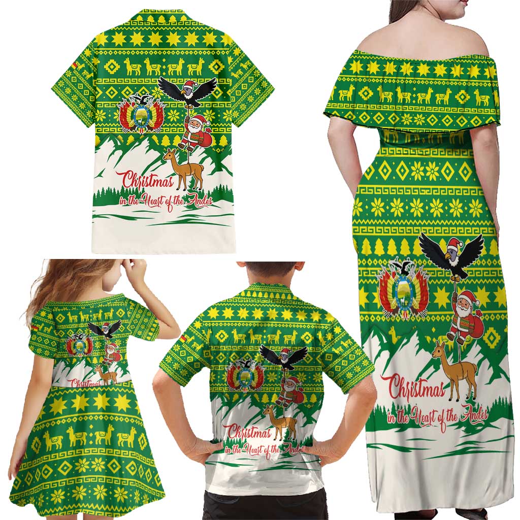 Bolivia Christmas Family Matching Off Shoulder Maxi Dress and Hawaiian Shirt with Santa Claus Andean Deer Condor and Traditional Pattern Design - Wonder Print Shop
