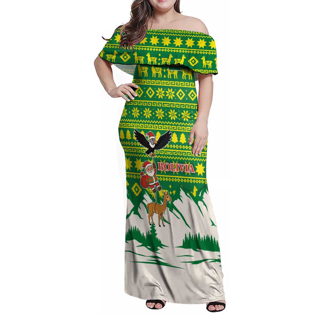Bolivia Christmas Family Matching Off Shoulder Maxi Dress and Hawaiian Shirt with Santa Claus Andean Deer Condor and Traditional Pattern Design - Wonder Print Shop