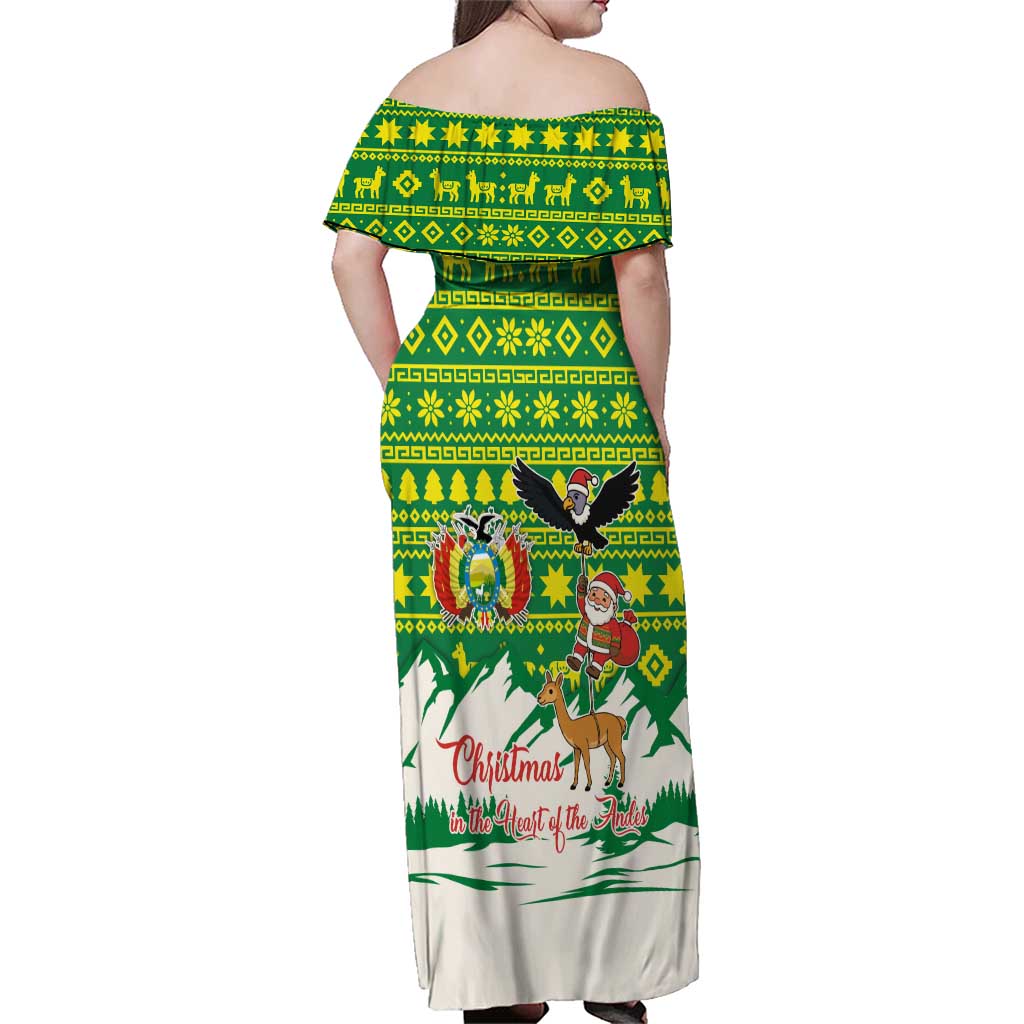 Bolivia Christmas Family Matching Off Shoulder Maxi Dress and Hawaiian Shirt with Santa Claus Andean Deer Condor and Traditional Pattern Design - Wonder Print Shop