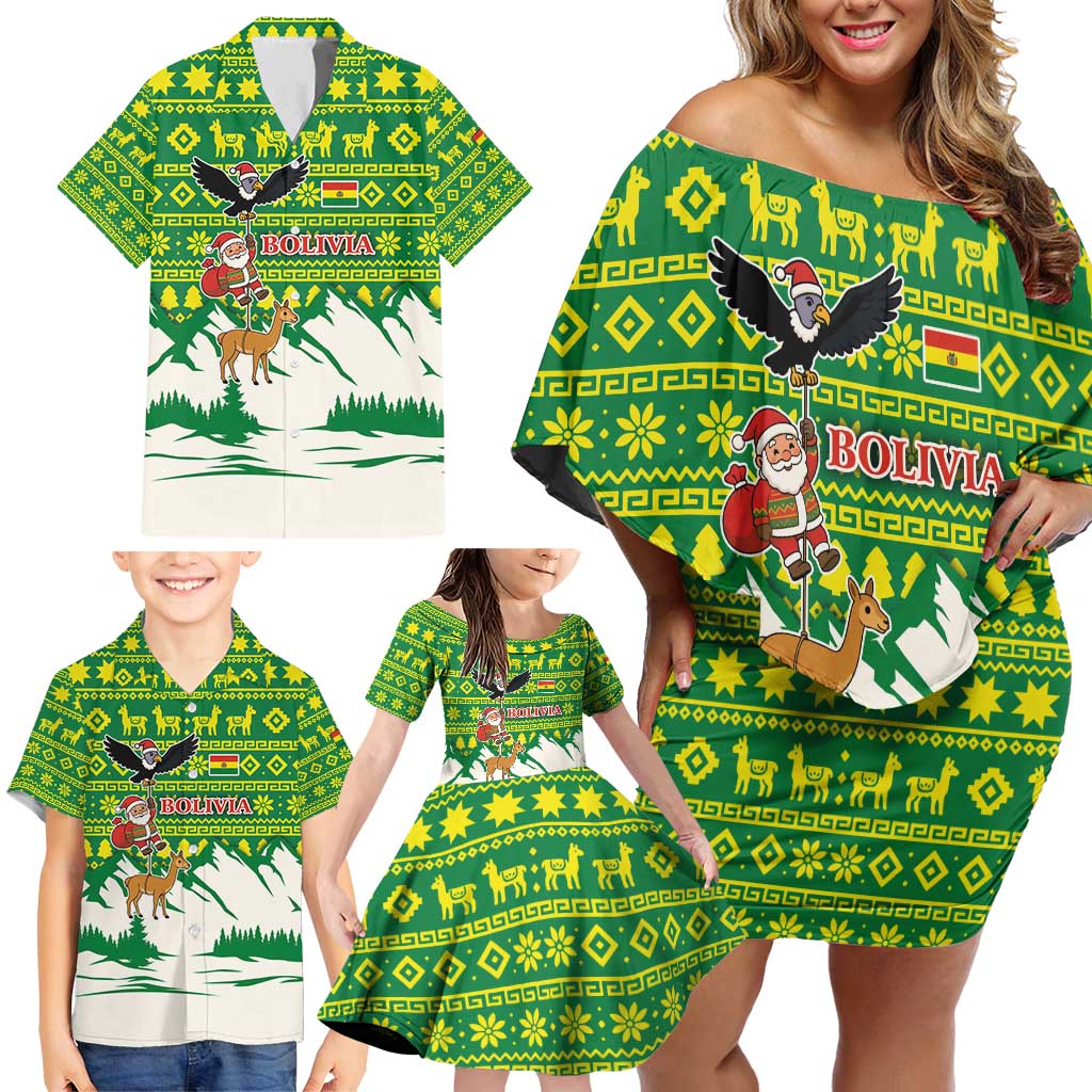 Bolivia Christmas Family Matching Off Shoulder Short Dress and Hawaiian Shirt with Santa Claus Andean Deer Condor and Traditional Pattern Design - Wonder Print Shop