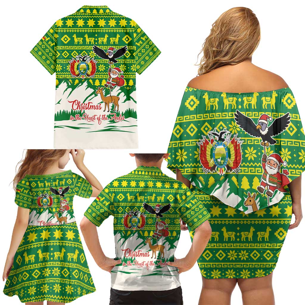 Bolivia Christmas Family Matching Off Shoulder Short Dress and Hawaiian Shirt with Santa Claus Andean Deer Condor and Traditional Pattern Design - Wonder Print Shop