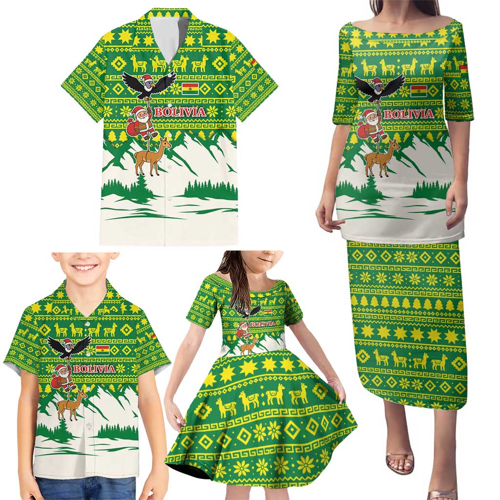 Bolivia Christmas Family Matching Puletasi and Hawaiian Shirt with Santa Claus Andean Deer Condor and Traditional Pattern Design - Wonder Print Shop