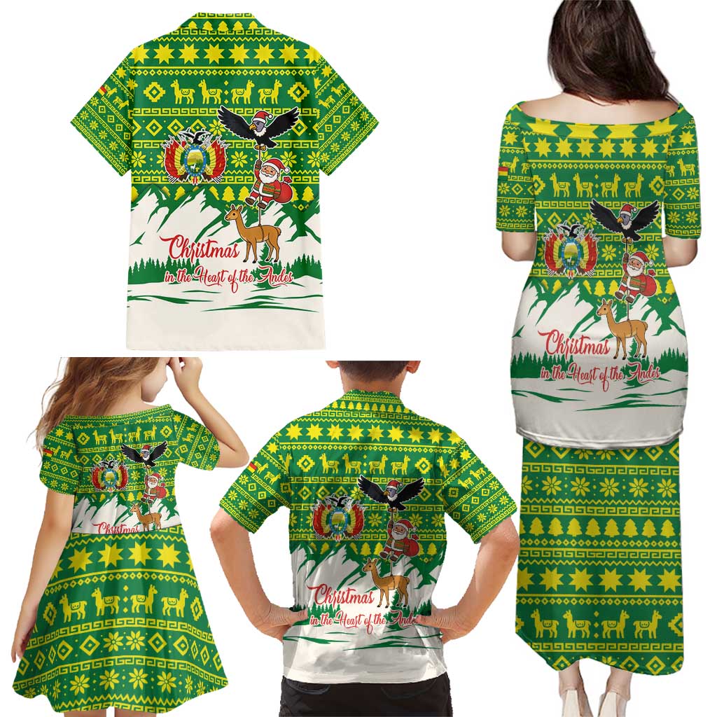 Bolivia Christmas Family Matching Puletasi and Hawaiian Shirt with Santa Claus Andean Deer Condor and Traditional Pattern Design - Wonder Print Shop