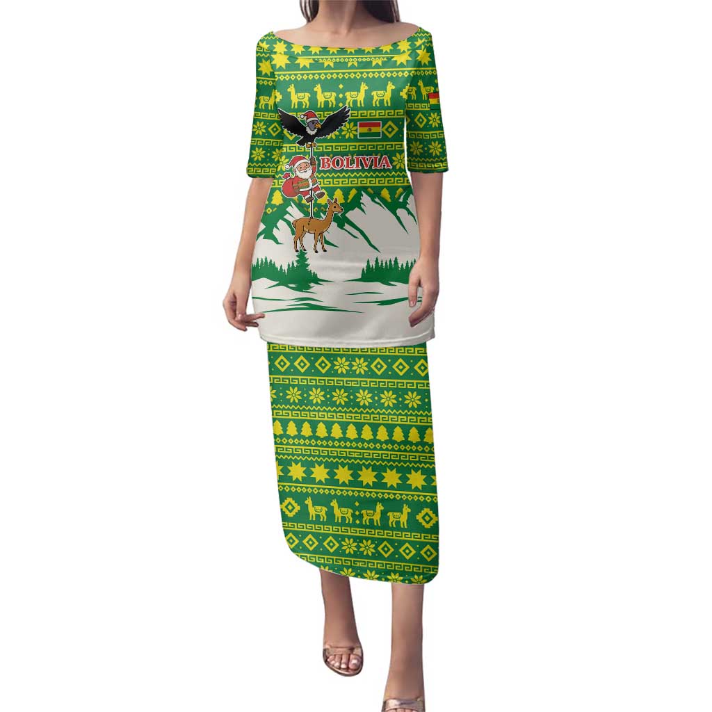 Bolivia Christmas Family Matching Puletasi and Hawaiian Shirt with Santa Claus Andean Deer Condor and Traditional Pattern Design - Wonder Print Shop