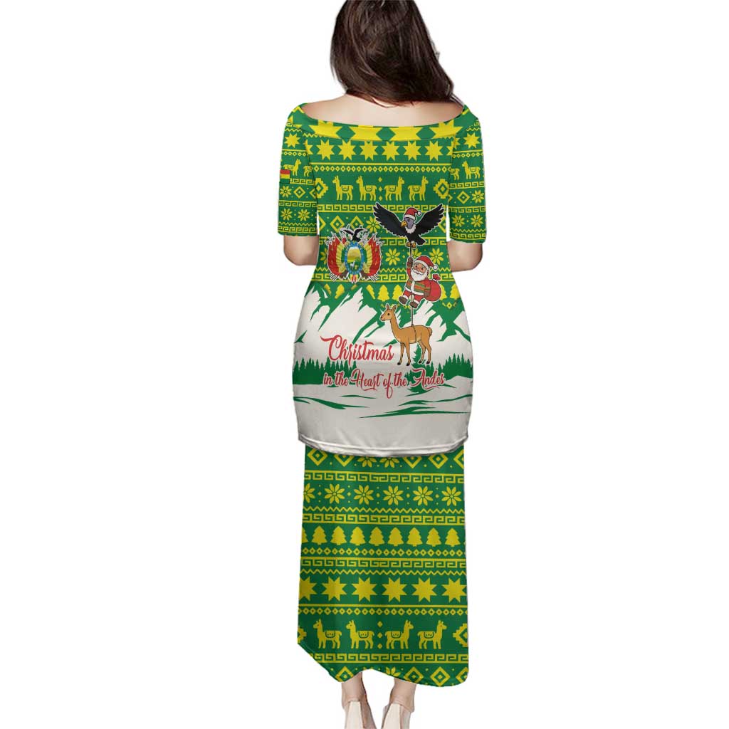 Bolivia Christmas Family Matching Puletasi and Hawaiian Shirt with Santa Claus Andean Deer Condor and Traditional Pattern Design - Wonder Print Shop