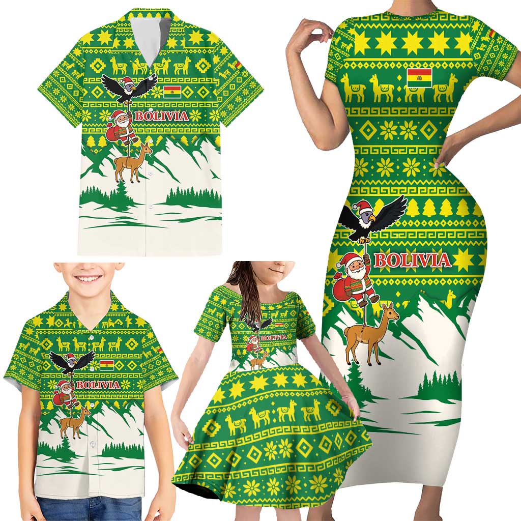 Bolivia Christmas Family Matching Short Sleeve Bodycon Dress and Hawaiian Shirt with Santa Claus Andean Deer Condor and Traditional Pattern Design - Wonder Print Shop