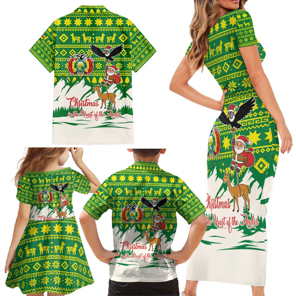 Bolivia Christmas Family Matching Short Sleeve Bodycon Dress and Hawaiian Shirt with Santa Claus Andean Deer Condor and Traditional Pattern Design - Wonder Print Shop