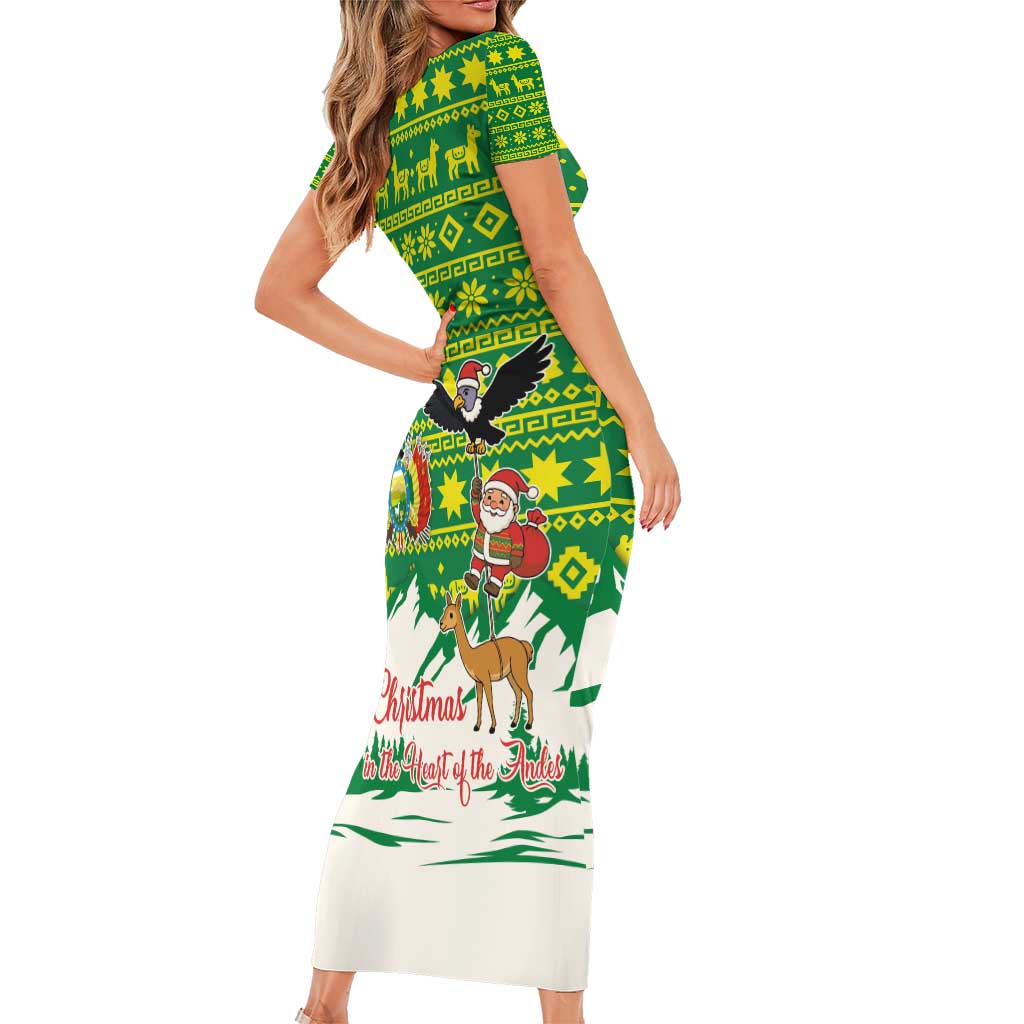 Bolivia Christmas Family Matching Short Sleeve Bodycon Dress and Hawaiian Shirt with Santa Claus Andean Deer Condor and Traditional Pattern Design - Wonder Print Shop