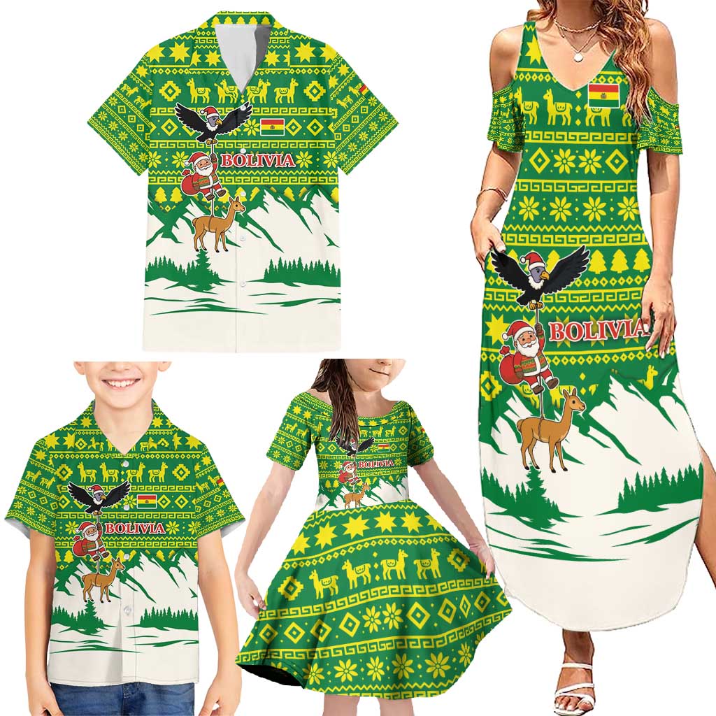 Bolivia Christmas Family Matching Summer Maxi Dress and Hawaiian Shirt with Santa Claus Andean Deer Condor and Traditional Pattern Design - Wonder Print Shop