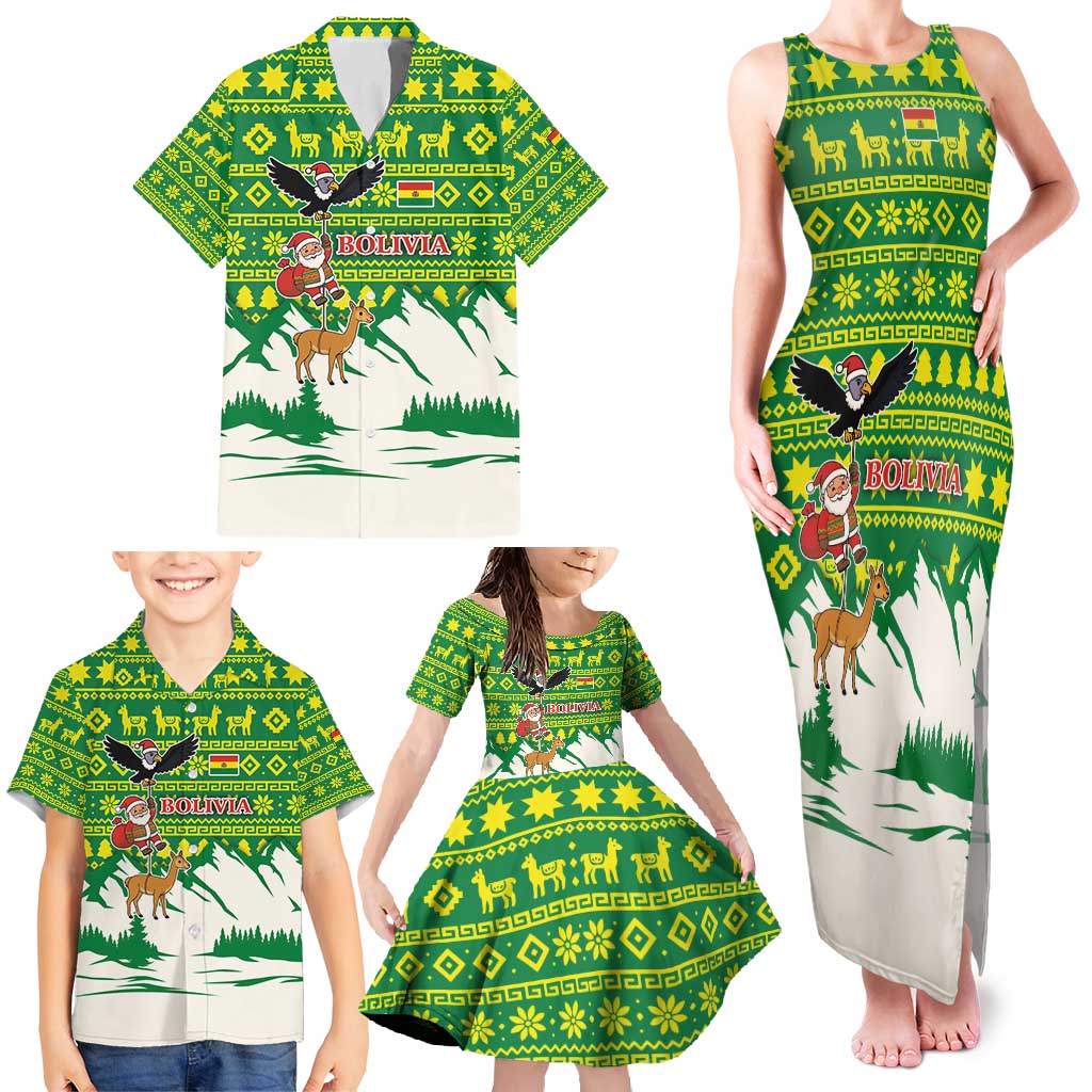 Bolivia Christmas Family Matching Tank Maxi Dress and Hawaiian Shirt with Santa Claus Andean Deer Condor and Traditional Pattern Design - Wonder Print Shop
