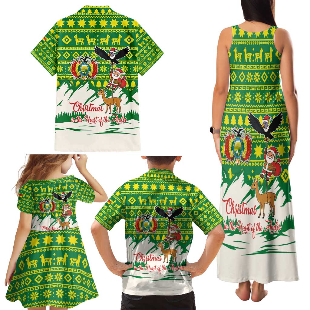 Bolivia Christmas Family Matching Tank Maxi Dress and Hawaiian Shirt with Santa Claus Andean Deer Condor and Traditional Pattern Design - Wonder Print Shop