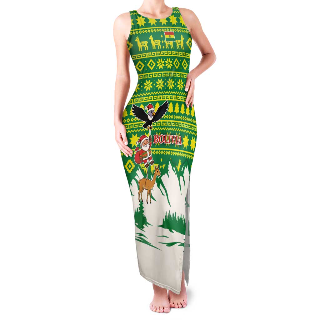 Bolivia Christmas Family Matching Tank Maxi Dress and Hawaiian Shirt with Santa Claus Andean Deer Condor and Traditional Pattern Design - Wonder Print Shop