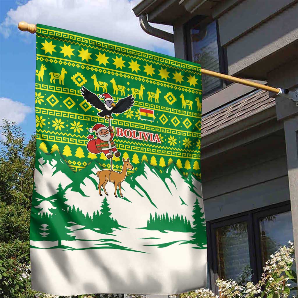 Bolivia Christmas Garden Flag with Santa Claus Andean Deer Condor and Traditional Pattern Design - Wonder Print Shop