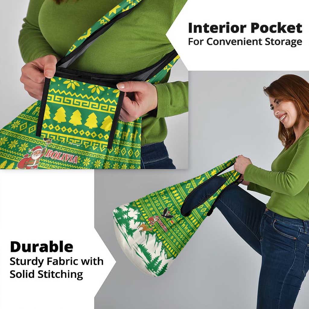 Bolivia Christmas Grocery Bag with Santa Claus Andean Deer Condor and Traditional Pattern Design - Wonder Print Shop