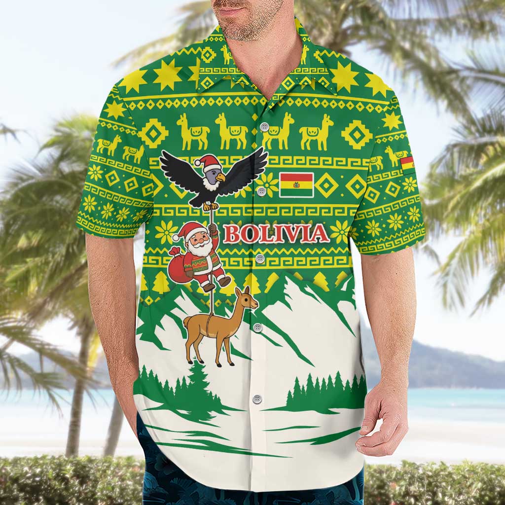 Bolivia Christmas Hawaiian Shirt with Santa Claus Andean Deer Condor and Traditional Pattern Design - Wonder Print Shop