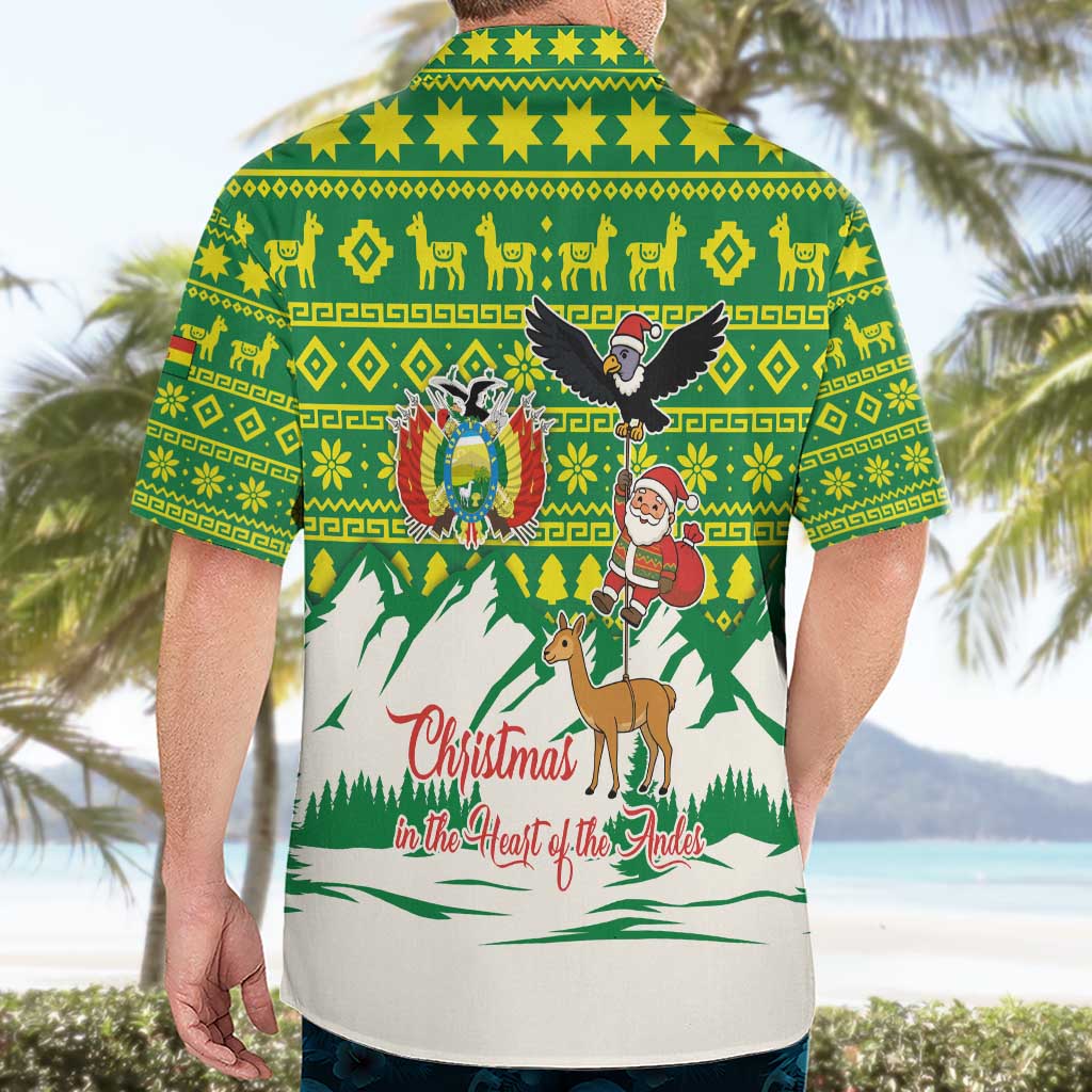 Bolivia Christmas Hawaiian Shirt with Santa Claus Andean Deer Condor and Traditional Pattern Design - Wonder Print Shop