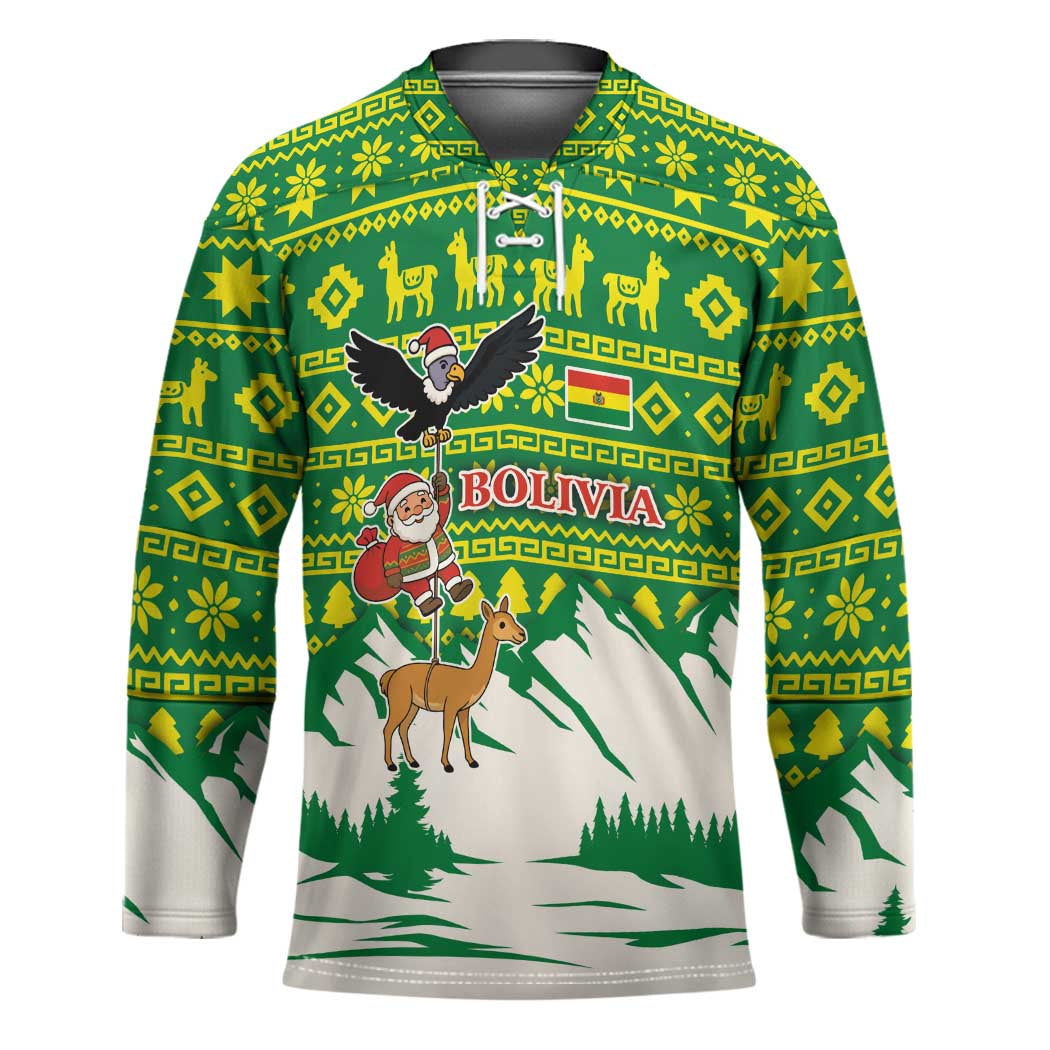 Bolivia Christmas Hockey Jersey with Santa Claus Andean Deer Condor and Traditional Pattern Design - Wonder Print Shop