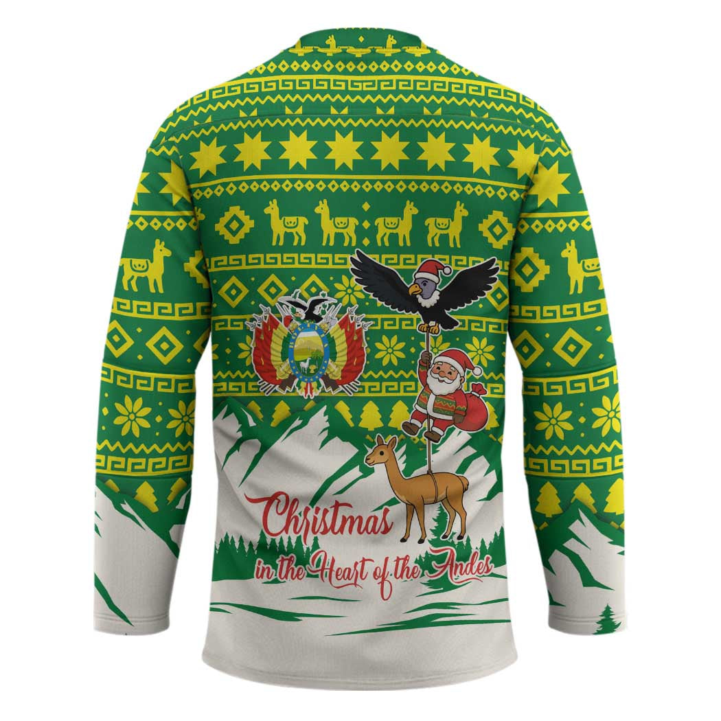 Bolivia Christmas Hockey Jersey with Santa Claus Andean Deer Condor and Traditional Pattern Design - Wonder Print Shop