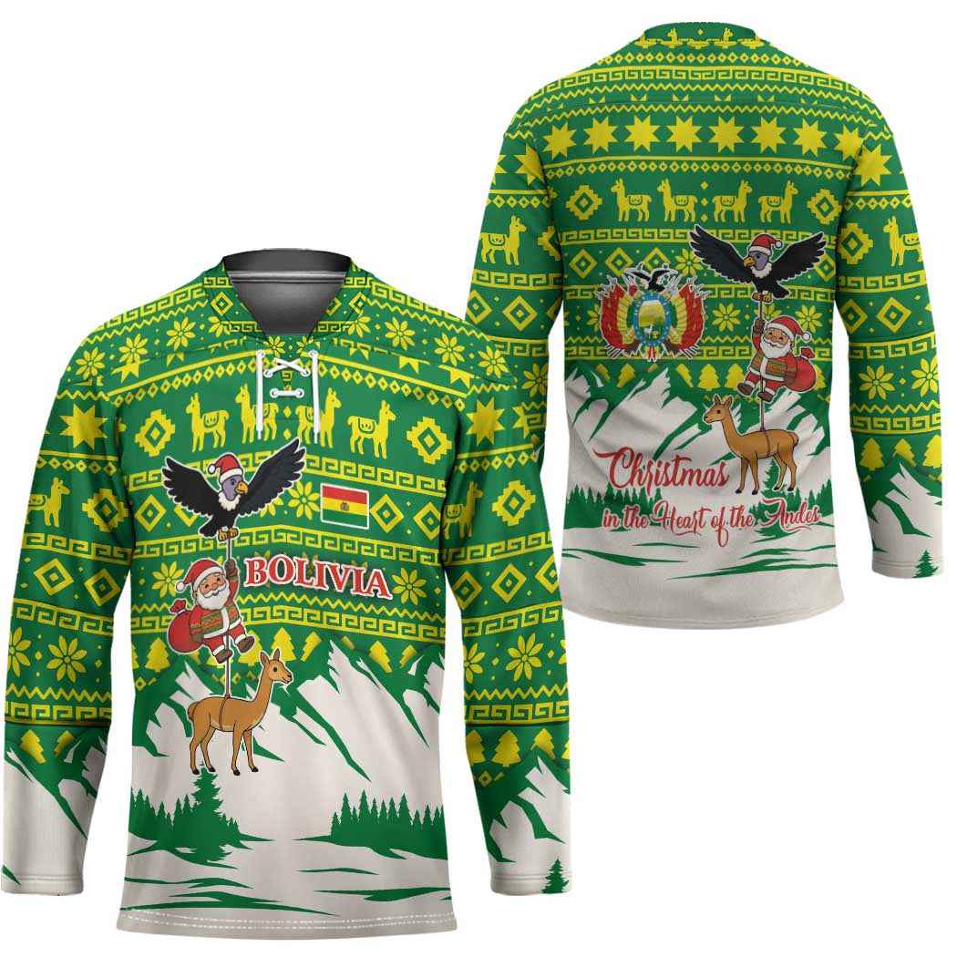 Bolivia Christmas Hockey Jersey with Santa Claus Andean Deer Condor and Traditional Pattern Design - Wonder Print Shop
