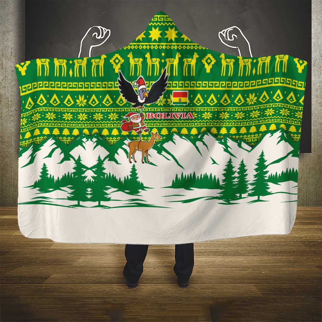 Bolivia Christmas Hooded Blanket with Santa Claus Andean Deer Condor and Traditional Pattern Design - Wonder Print Shop