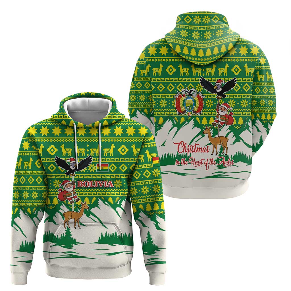 Bolivia Christmas Hoodie with Santa Claus Andean Deer Condor and Traditional Pattern Design - Wonder Print Shop