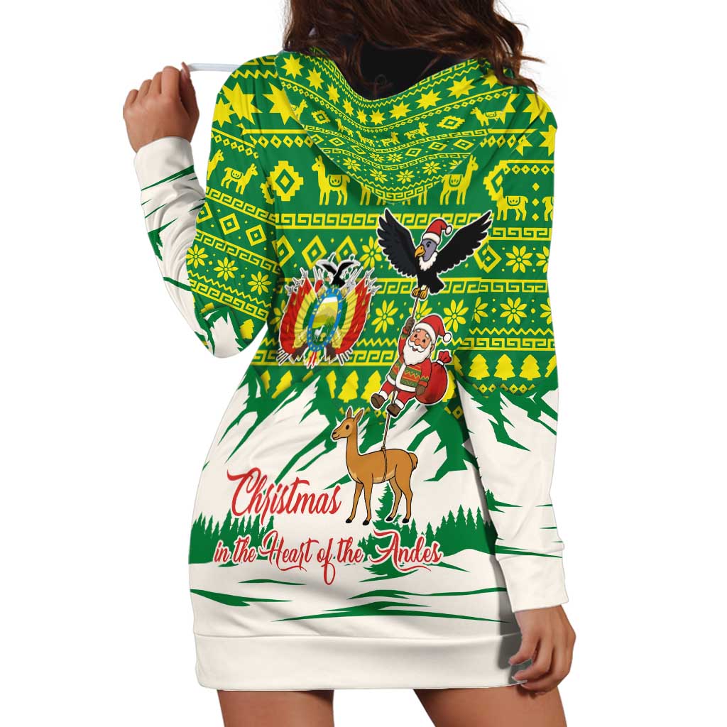 Bolivia Christmas Hoodie Dress with Santa Claus Andean Deer Condor and Traditional Pattern Design - Wonder Print Shop