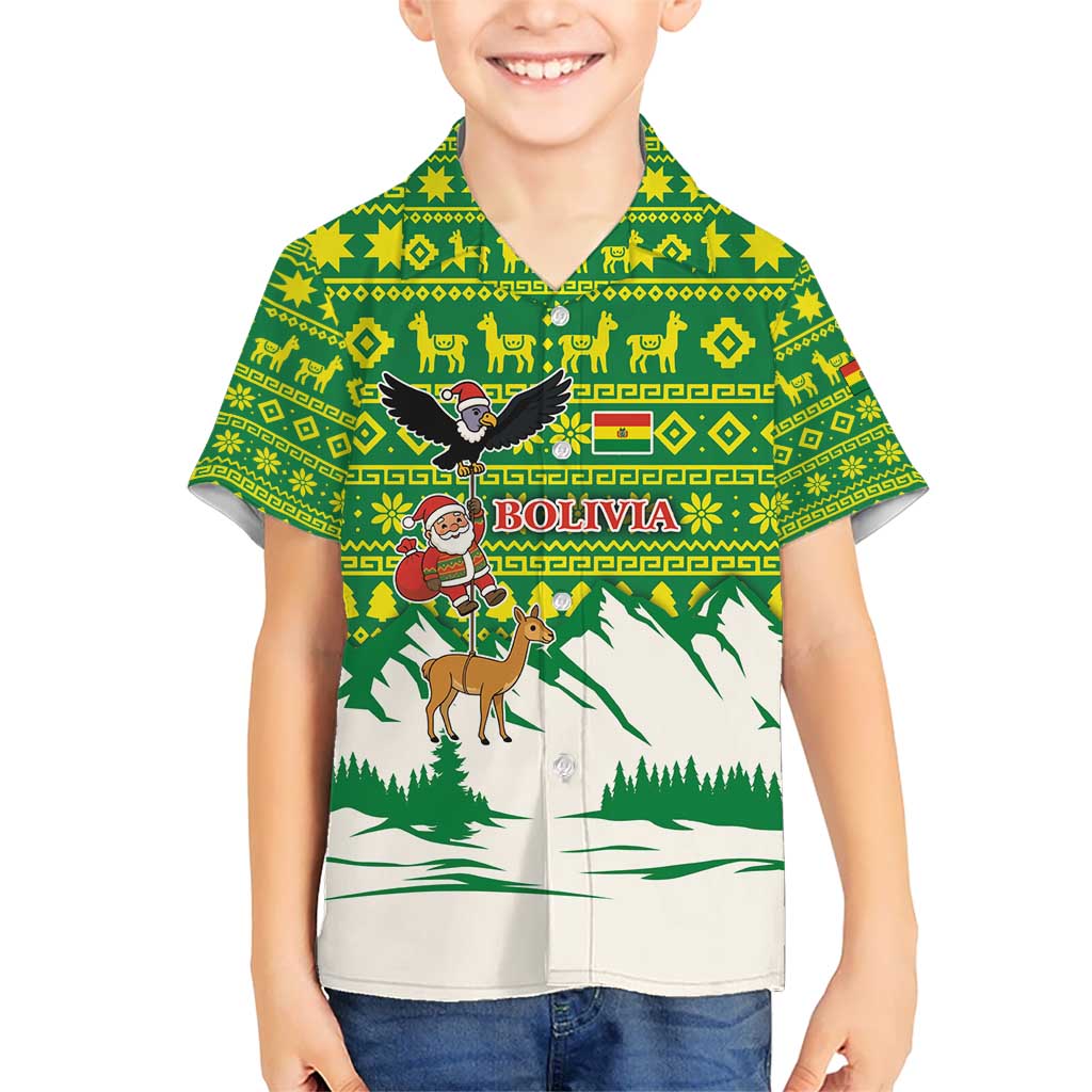Bolivia Christmas Kid Hawaiian Shirt with Santa Claus Andean Deer Condor and Traditional Pattern Design - Wonder Print Shop