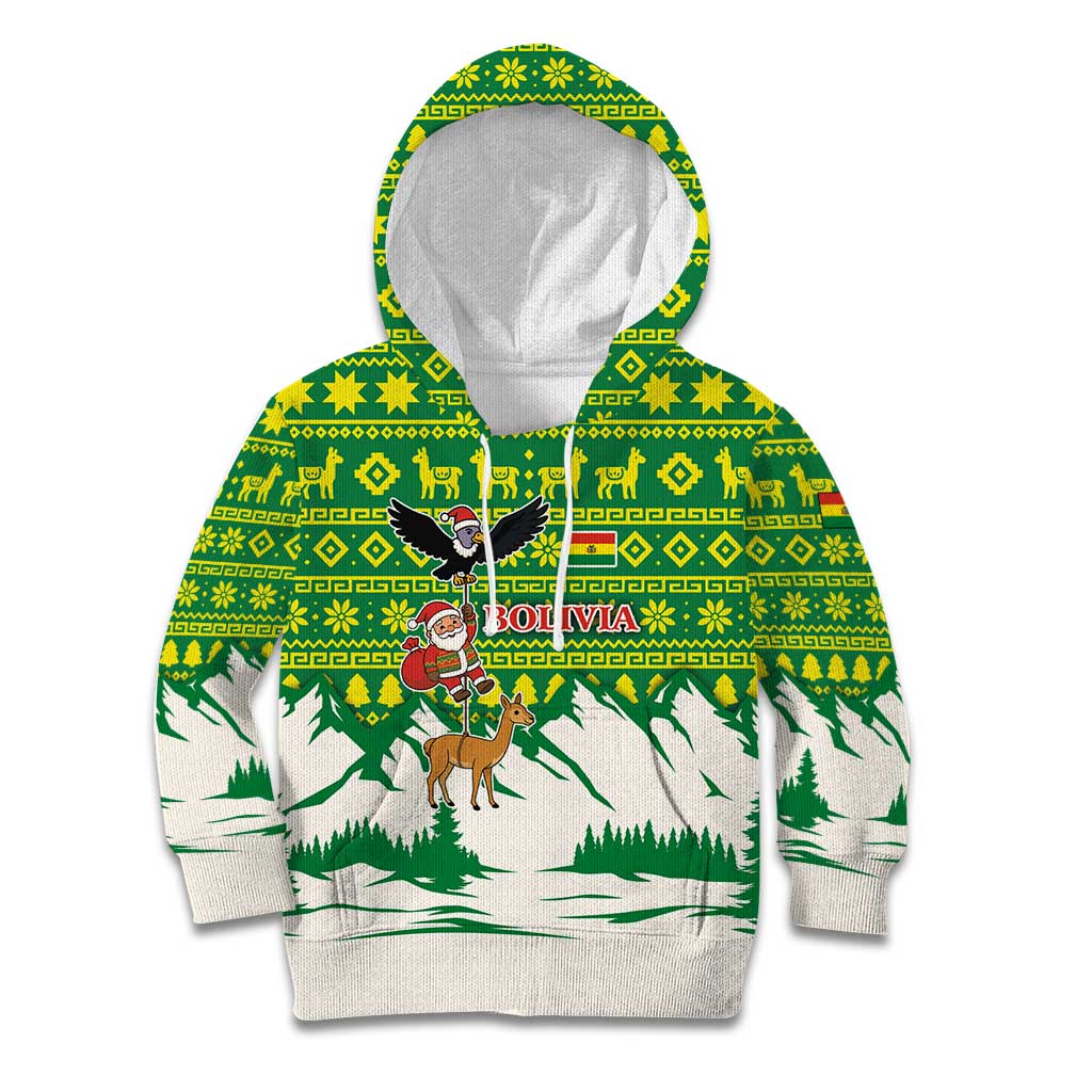 Bolivia Christmas Kid Hoodie with Santa Claus Andean Deer Condor and Traditional Pattern Design - Wonder Print Shop