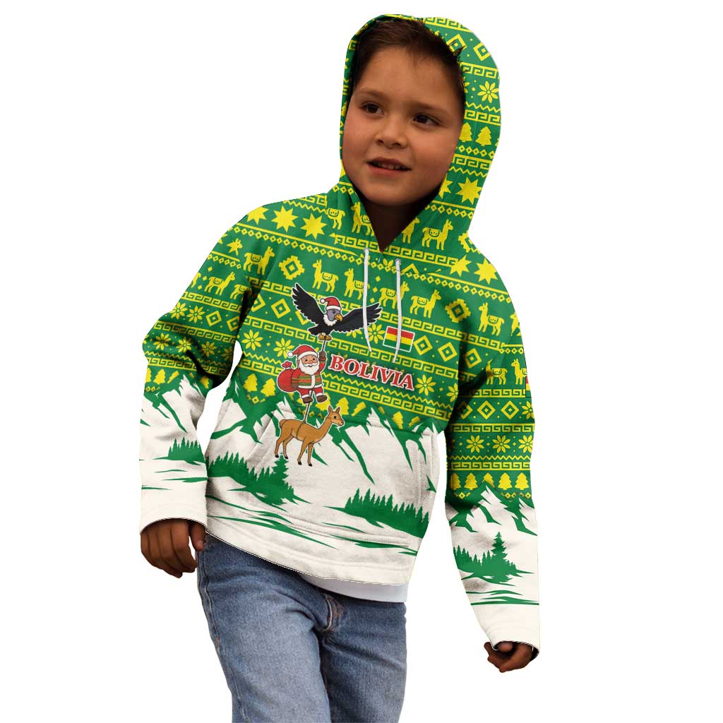 Bolivia Christmas Kid Hoodie with Santa Claus Andean Deer Condor and Traditional Pattern Design - Wonder Print Shop
