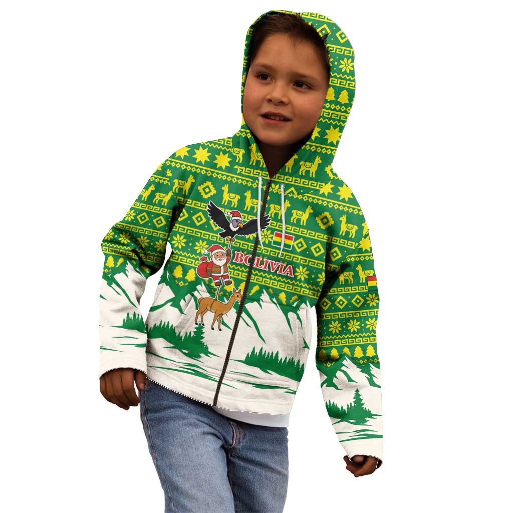 Bolivia Christmas Kid Hoodie with Santa Claus Andean Deer Condor and Traditional Pattern Design - Wonder Print Shop
