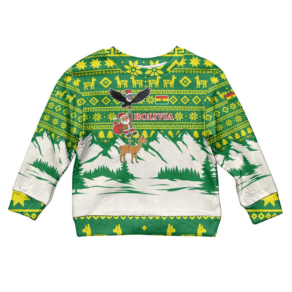 Bolivia Christmas Kid Ugly Christmas Sweater with Santa Claus Andean Deer Condor and Traditional Pattern Design - Wonder Print Shop