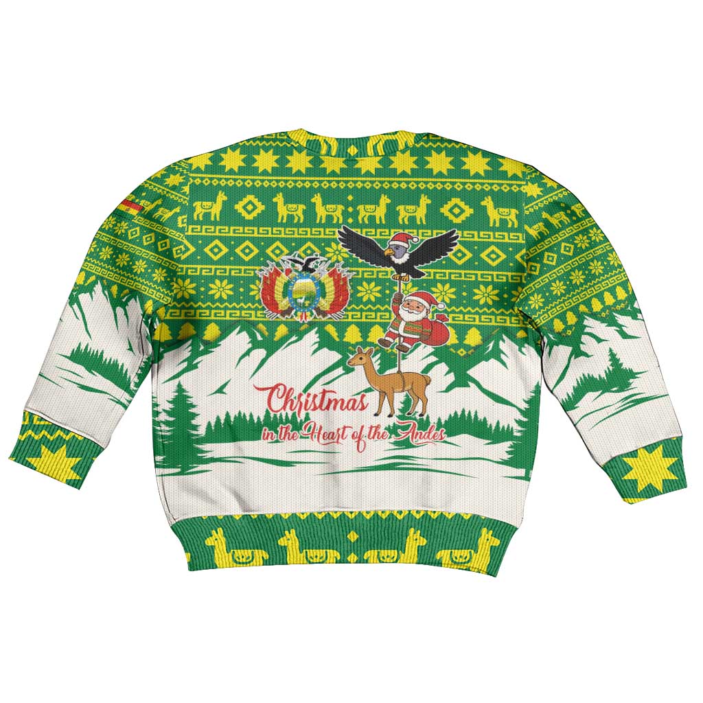 Bolivia Christmas Kid Ugly Christmas Sweater with Santa Claus Andean Deer Condor and Traditional Pattern Design - Wonder Print Shop