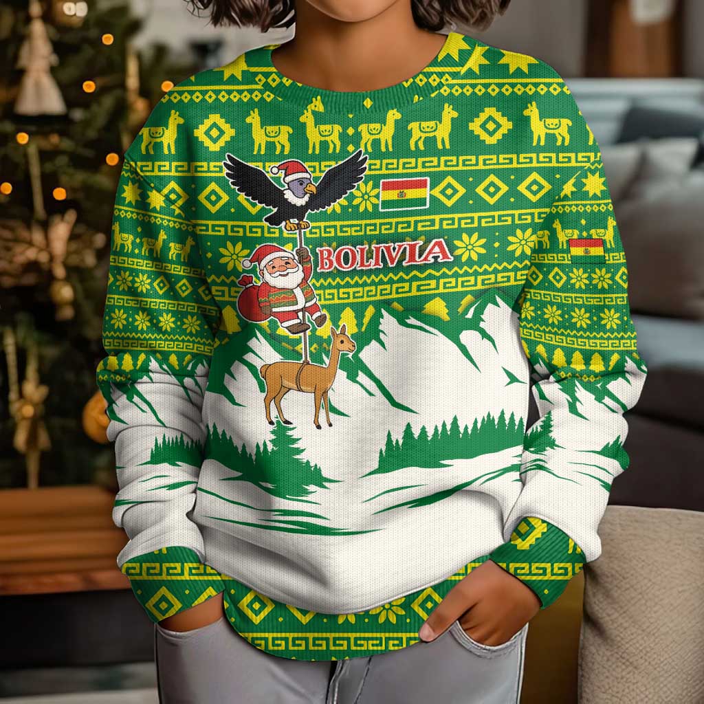 Bolivia Christmas Kid Ugly Christmas Sweater with Santa Claus Andean Deer Condor and Traditional Pattern Design - Wonder Print Shop