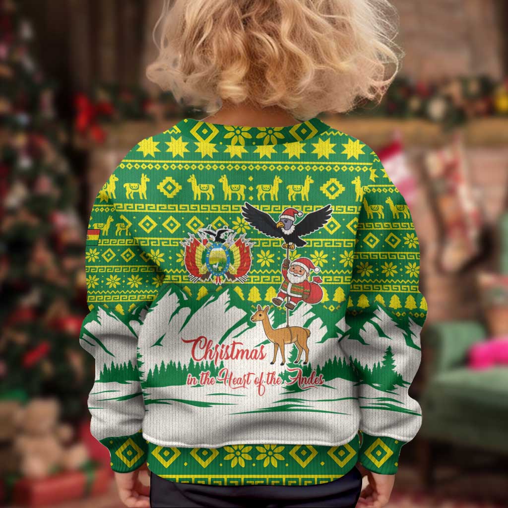 Bolivia Christmas Kid Ugly Christmas Sweater with Santa Claus Andean Deer Condor and Traditional Pattern Design - Wonder Print Shop