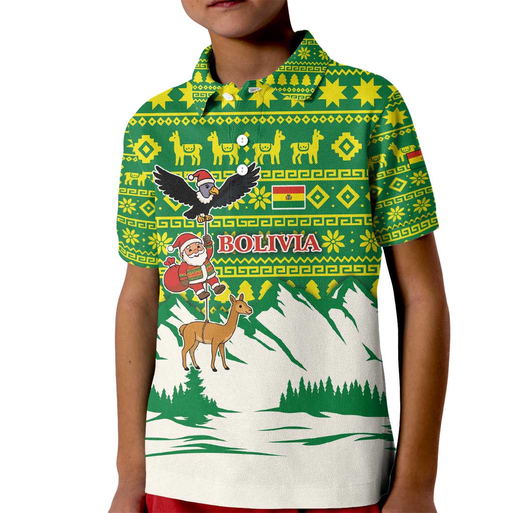 Bolivia Christmas Kid Polo Shirt with Santa Claus Andean Deer Condor and Traditional Pattern Design - Wonder Print Shop