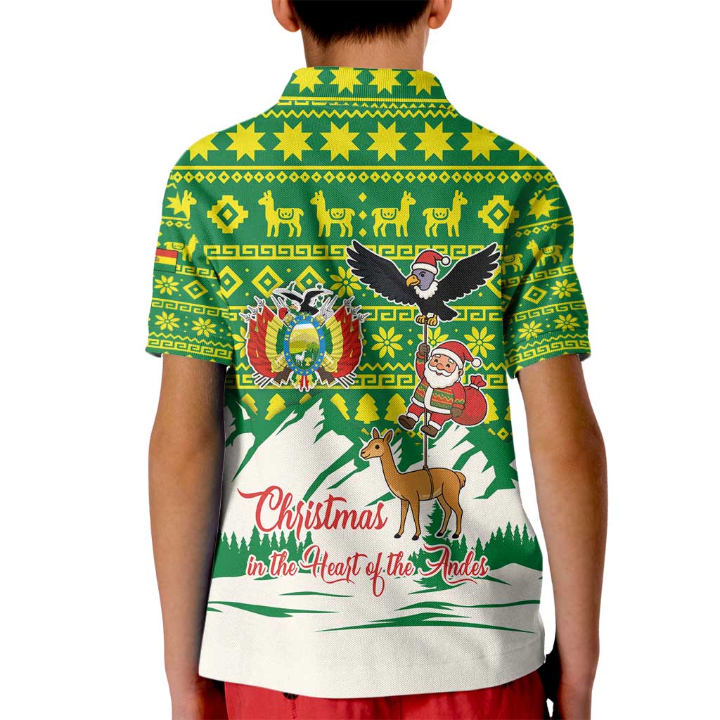 Bolivia Christmas Kid Polo Shirt with Santa Claus Andean Deer Condor and Traditional Pattern Design - Wonder Print Shop