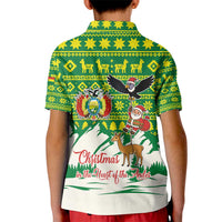 Bolivia Christmas Kid Polo Shirt with Santa Claus Andean Deer Condor and Traditional Pattern Design - Wonder Print Shop