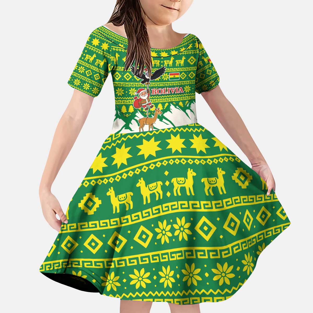 Bolivia Christmas Kid Short Sleeve Dress with Santa Claus Andean Deer Condor and Traditional Pattern Design - Wonder Print Shop