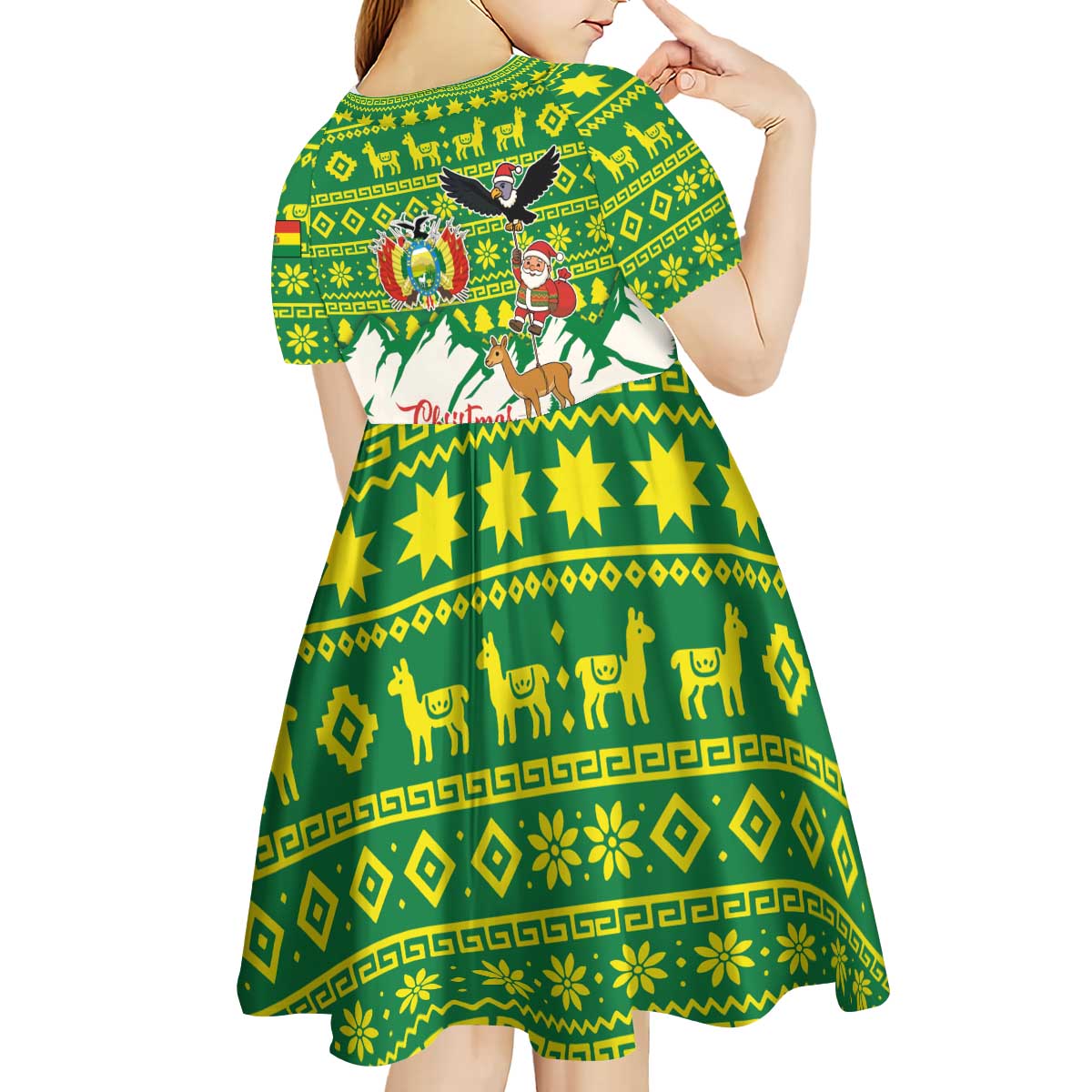 Bolivia Christmas Kid Short Sleeve Dress with Santa Claus Andean Deer Condor and Traditional Pattern Design - Wonder Print Shop