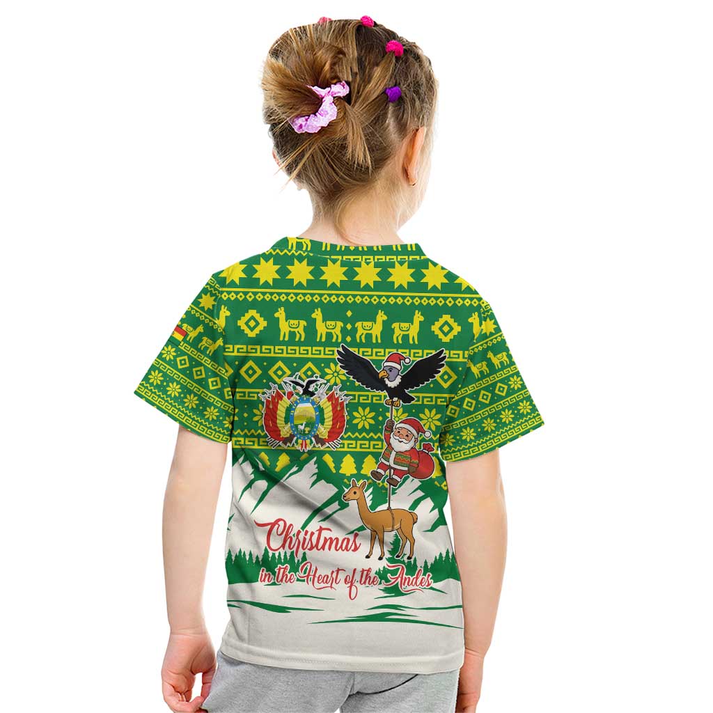Bolivia Christmas Kid T Shirt with Santa Claus Andean Deer Condor and Traditional Pattern Design - Wonder Print Shop