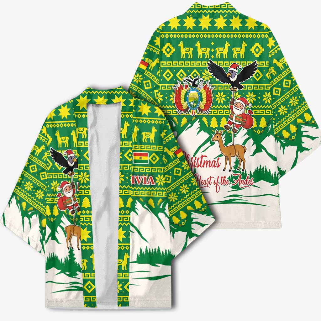 Bolivia Christmas Kimono with Santa Claus Andean Deer Condor and Traditional Pattern Design - Wonder Print Shop