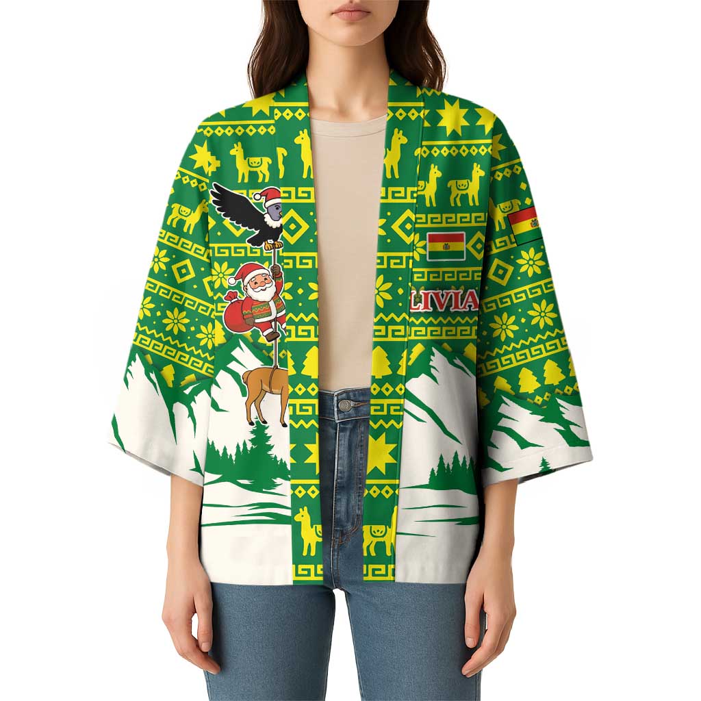Bolivia Christmas Kimono with Santa Claus Andean Deer Condor and Traditional Pattern Design - Wonder Print Shop