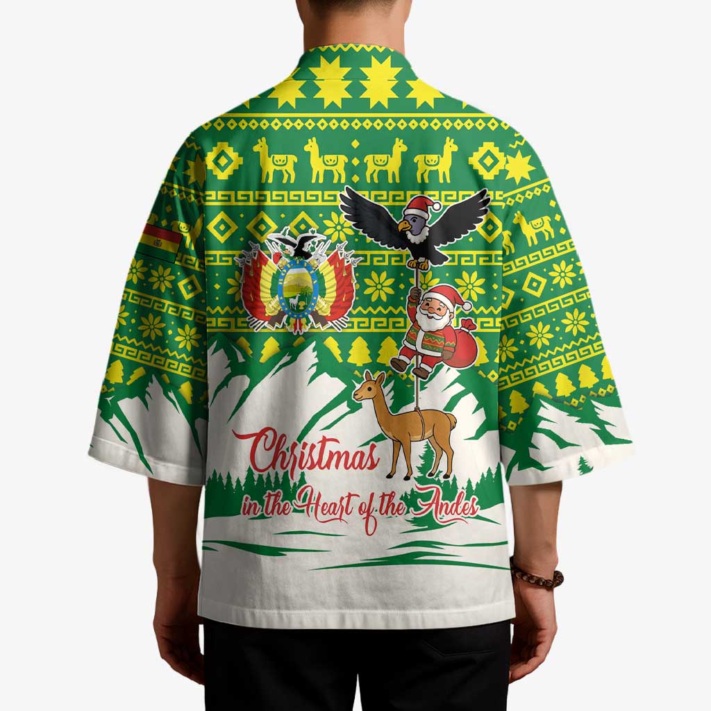 Bolivia Christmas Kimono with Santa Claus Andean Deer Condor and Traditional Pattern Design - Wonder Print Shop